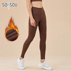 SOISOU Nylon Winter Warm Leggings Yoga Gym Women's Pants Invisible Waist Pocket Soft Elastic High Waist Sexy Woman Clothing