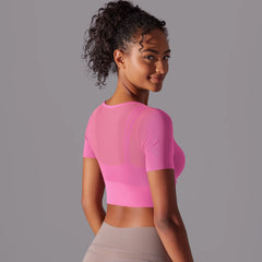Women's Double Layer Yoga Tank Top - Spliced Mesh Short Sleeve Fitness Top