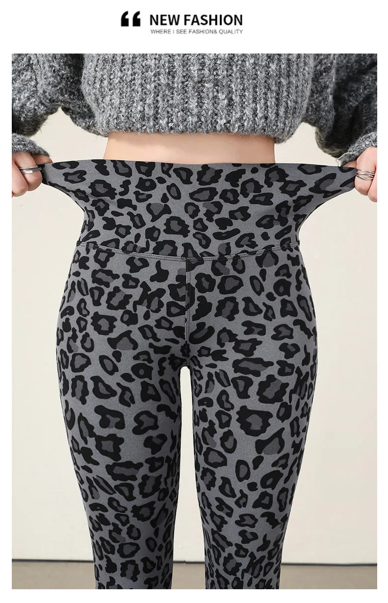 BIVIGAOS New Autumn Winter Thin Velvet Fashion Leopard Sharkskin Leggings Women High Waisted Sexy Slim Tight Warm Leggings