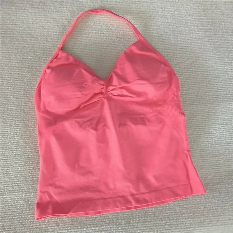 HBC women’s V-neck seamless padded gym tank top, strappy longline sports vest.