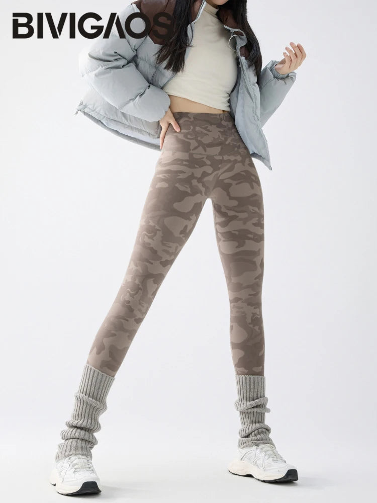 BIVIGAOS 2024 Autumn Winter Camouflage Sharkskin Leggings Brushed Shark Pants Women Thin Fleece Warm Casual Fashion Leggings