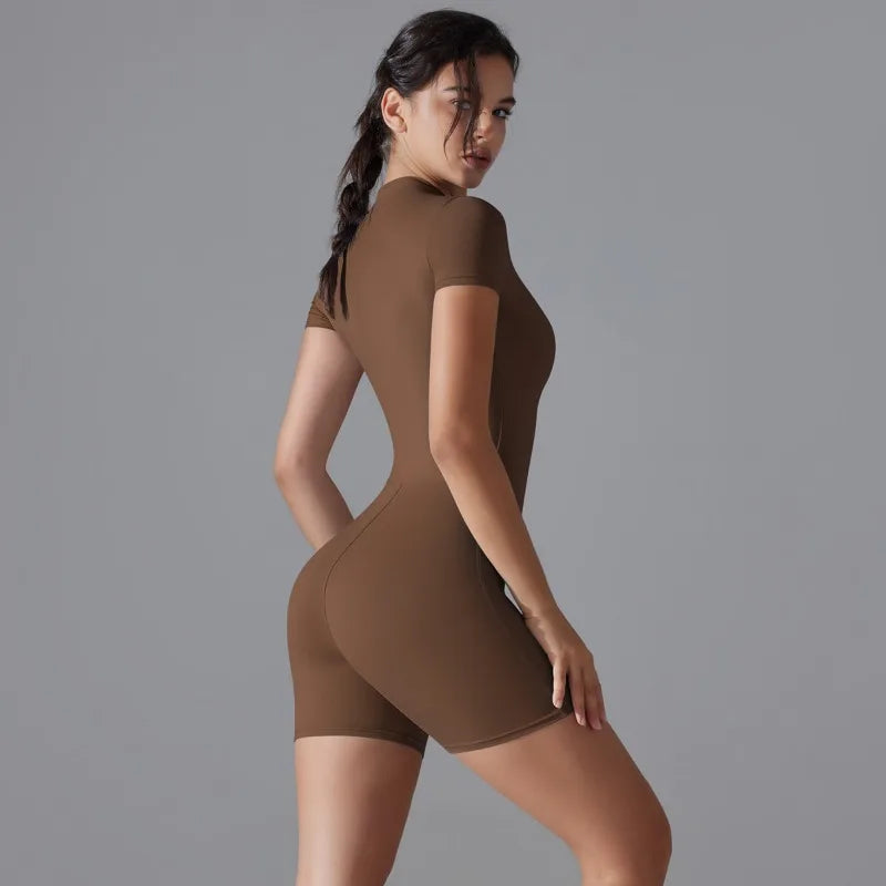 Summer Zipper Workout Jumpsuit Sports Overalls Women Gym Clothing Running Fitness Suits Gym Tracksuit Short Sportswear Yoga Set