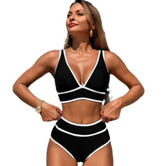 Women's V-Neck High-Waisted Bikini Set - 2-Piece Solid & Floral Print Swimsuit