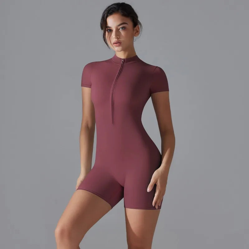 Summer Zipper Workout Jumpsuit Sports Overalls Women Gym Clothing Running Fitness Suits Gym Tracksuit Short Sportswear Yoga Set