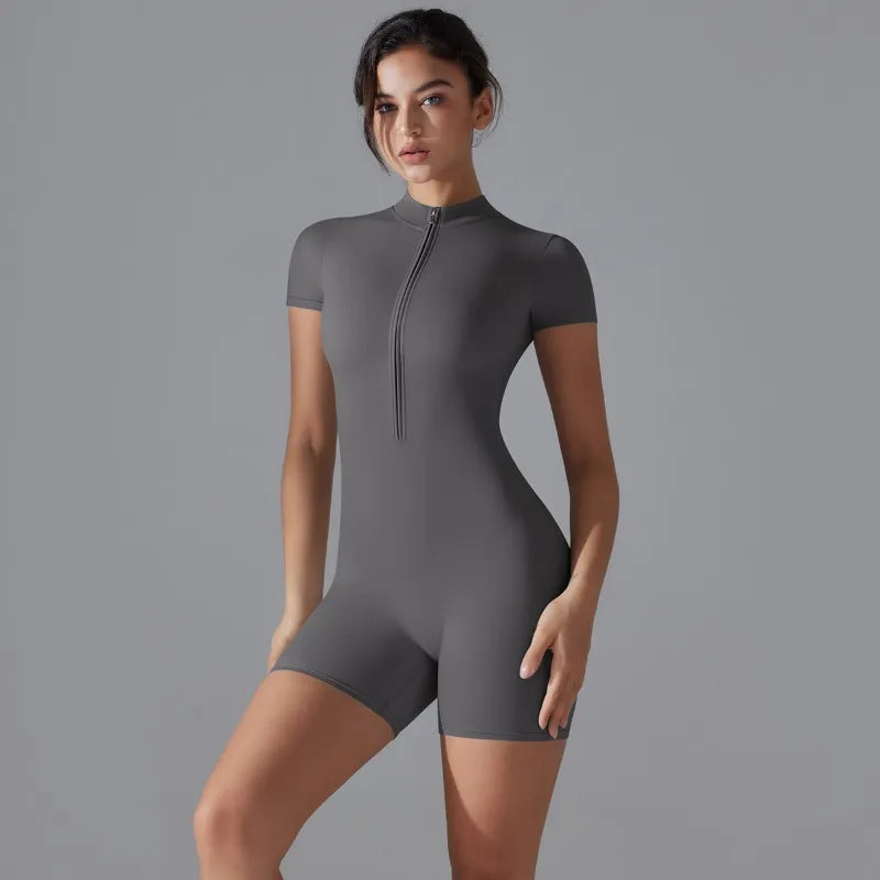 Summer Zipper Workout Jumpsuit Sports Overalls Women Gym Clothing Running Fitness Suits Gym Tracksuit Short Sportswear Yoga Set