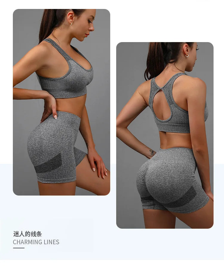 2 Pcs Yoga Set Women Hollow Back Sports Bra+Hip Lifting Sports Shorts Workout Set Seamless Fitness Gym Set Sportswear Tracksuit