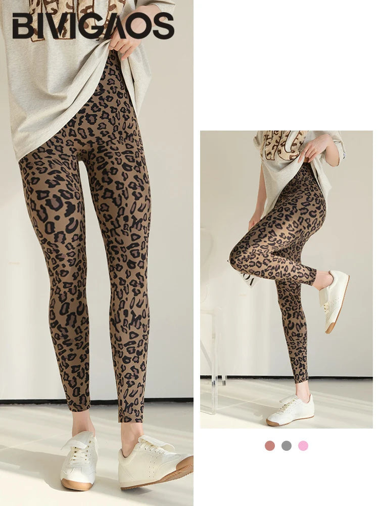 BIVIGAOS 2025 Spring Summer New Pink Leopard Print Sharkskin Leggings Women High Waist Seamless Tight Sexy Sport Fitness Legging