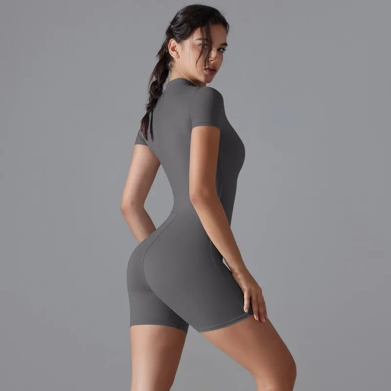 Summer Zipper Workout Jumpsuit Sports Overalls Women Gym Clothing Running Fitness Suits Gym Tracksuit Short Sportswear Yoga Set