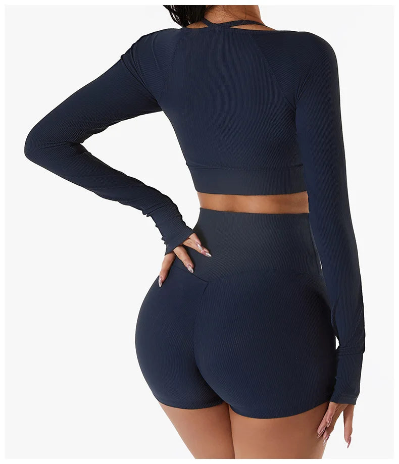 SOISOU Rib Fabric Yoga Shirts Crop Top Seamless Long Sleeve Sports Bra Sport Fitness Workout Tops Gym t Shirt Women 7 Colors