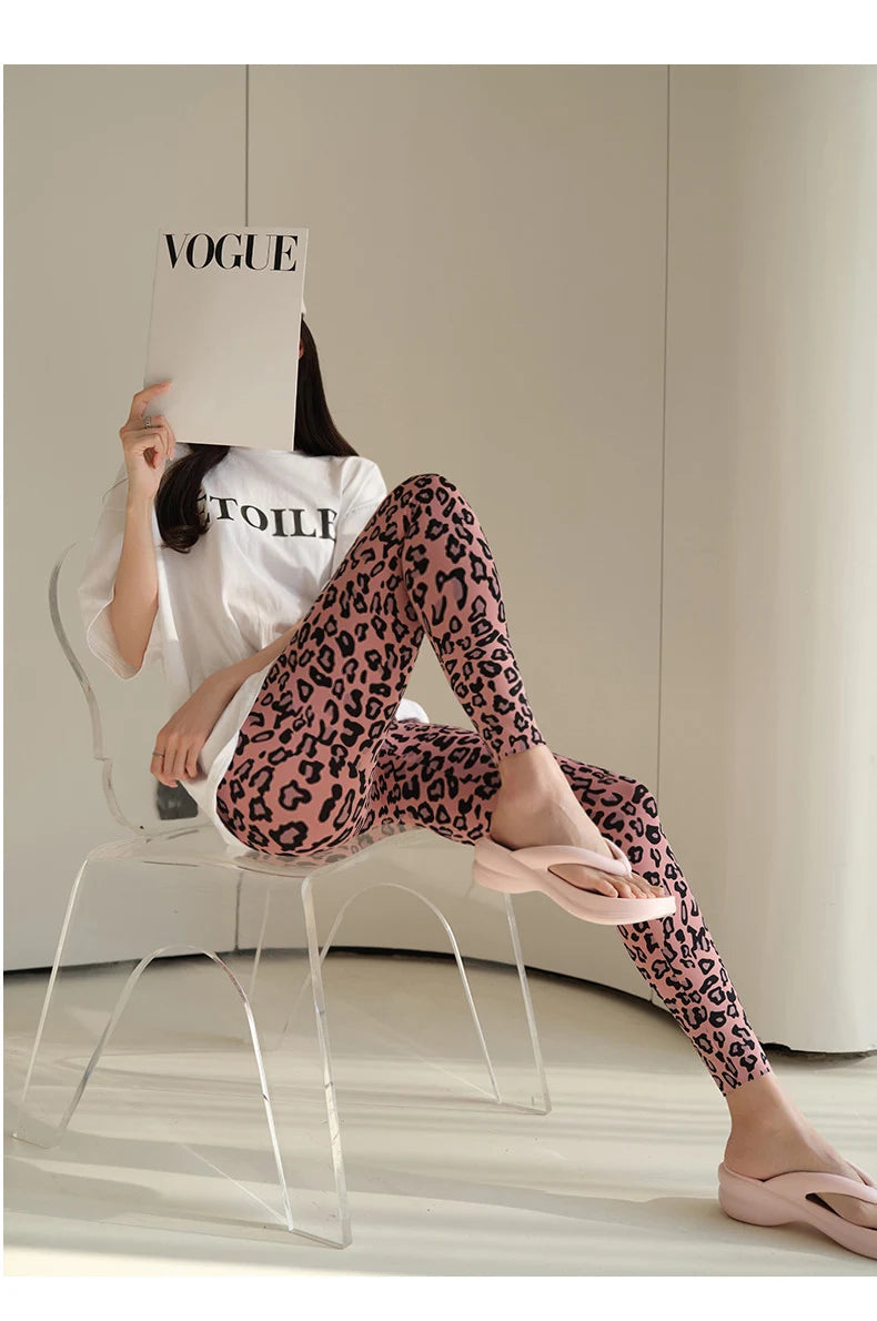 BIVIGAOS 2025 Spring Summer New Pink Leopard Print Sharkskin Leggings Women High Waist Seamless Tight Sexy Sport Fitness Legging
