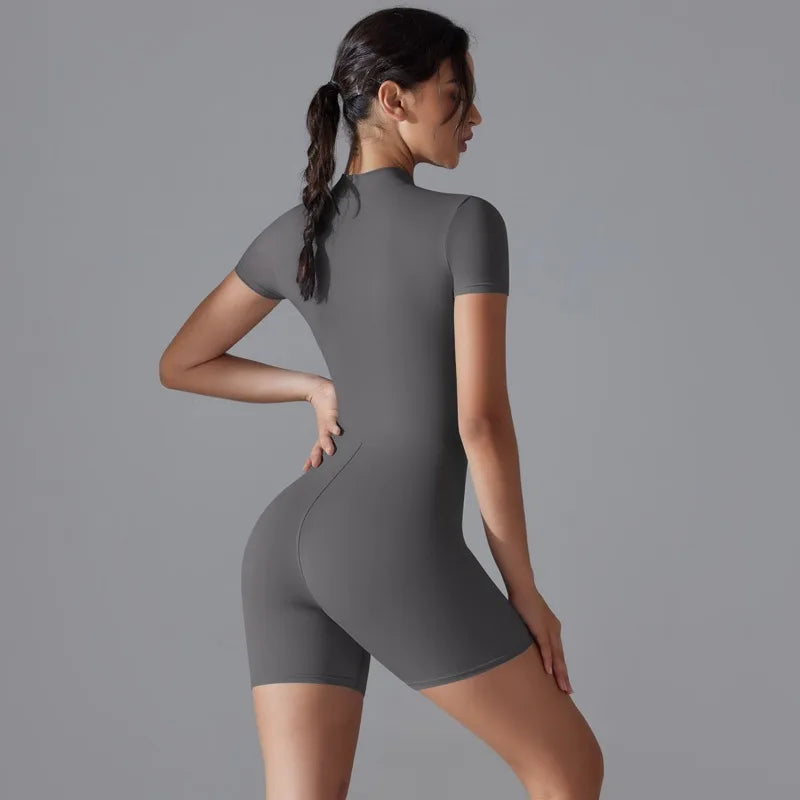 Summer Zipper Workout Jumpsuit Sports Overalls Women Gym Clothing Running Fitness Suits Gym Tracksuit Short Sportswear Yoga Set
