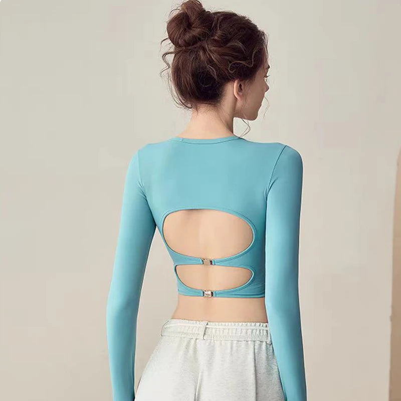 High-End Befit backless long-sleeve yoga top, quick-dry padded gym shirt for women.