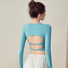 High-End Befit backless long-sleeve yoga top, quick-dry padded gym shirt for women.