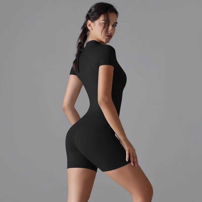 Summer Zipper Workout Jumpsuit Sports Overalls Women Gym Clothing Running Fitness Suits Gym Tracksuit Short Sportswear Yoga Set