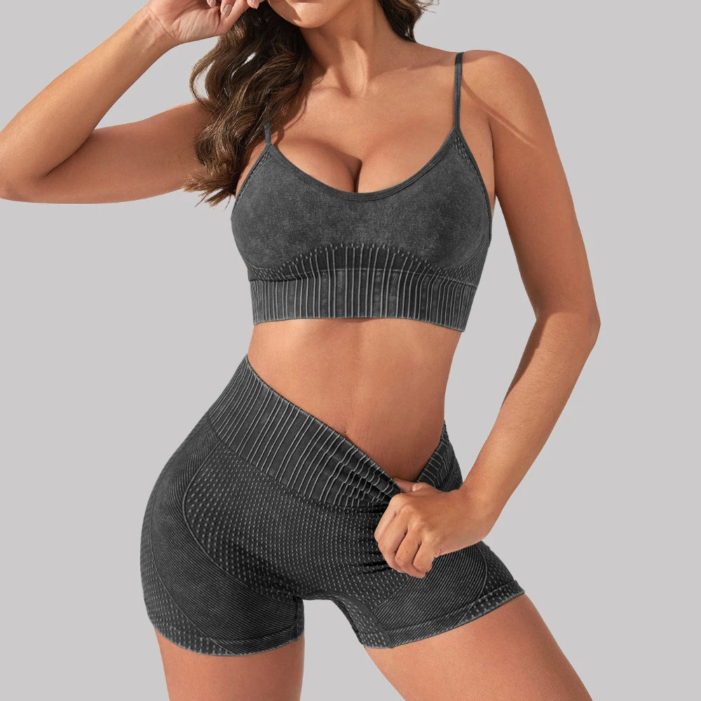 STOUREG Women 2 PCS Yoga Set,Seamless  Wash Beautiful Back Sports Bra High Waist Hip Lift Shorts Workout Set Gym Set Women