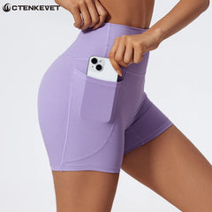 Ctenkevet Women's Pocket Athletic Shorts Running Tight Pants Gym Workout Yoga Trunks Female High Waist Buttock Lift Legging