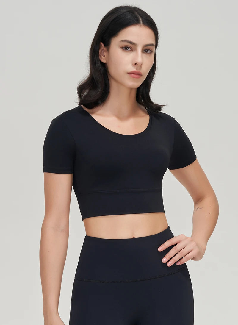 women's nylon gym crop top with removable chest pads, breathable and elastic yoga sport shirt in 6 colors.
