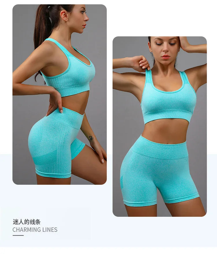 2 Pcs Yoga Set Women Hollow Back Sports Bra+Hip Lifting Sports Shorts Workout Set Seamless Fitness Gym Set Sportswear Tracksuit