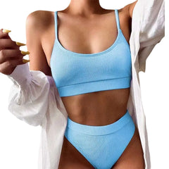 Women's High-Waisted Color Block Bikini Set - High-Cut Neon Yellow Swimsuit