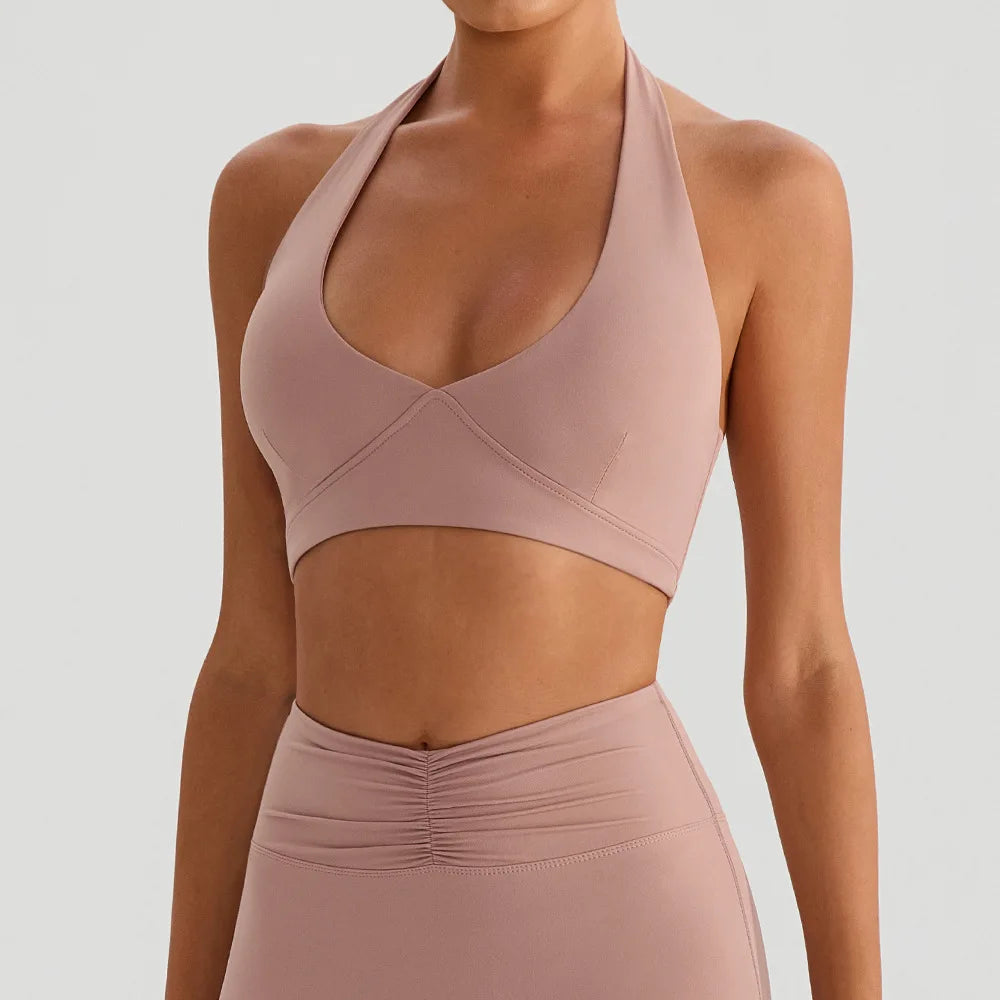 Women's Halter Neck Padded Yoga Bra - Backless Outdoor Running Top