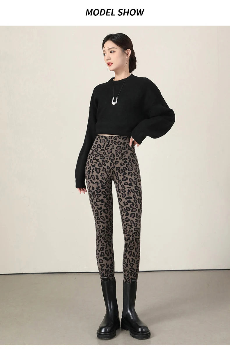 BIVIGAOS New Autumn Winter Thin Velvet Fashion Leopard Sharkskin Leggings Women High Waisted Sexy Slim Tight Warm Leggings