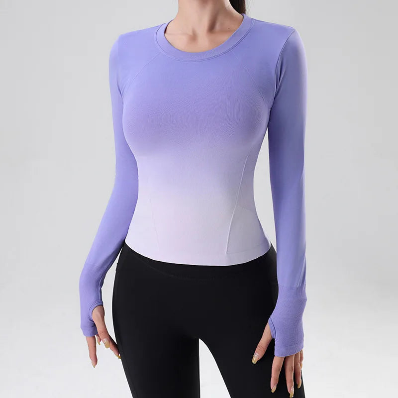 Women's tie-dye long-sleeve workout top for yoga, running, and gym.