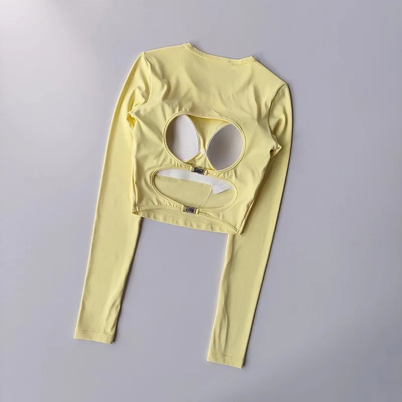 High-End Befit backless long-sleeve yoga top, quick-dry padded gym shirt for women.