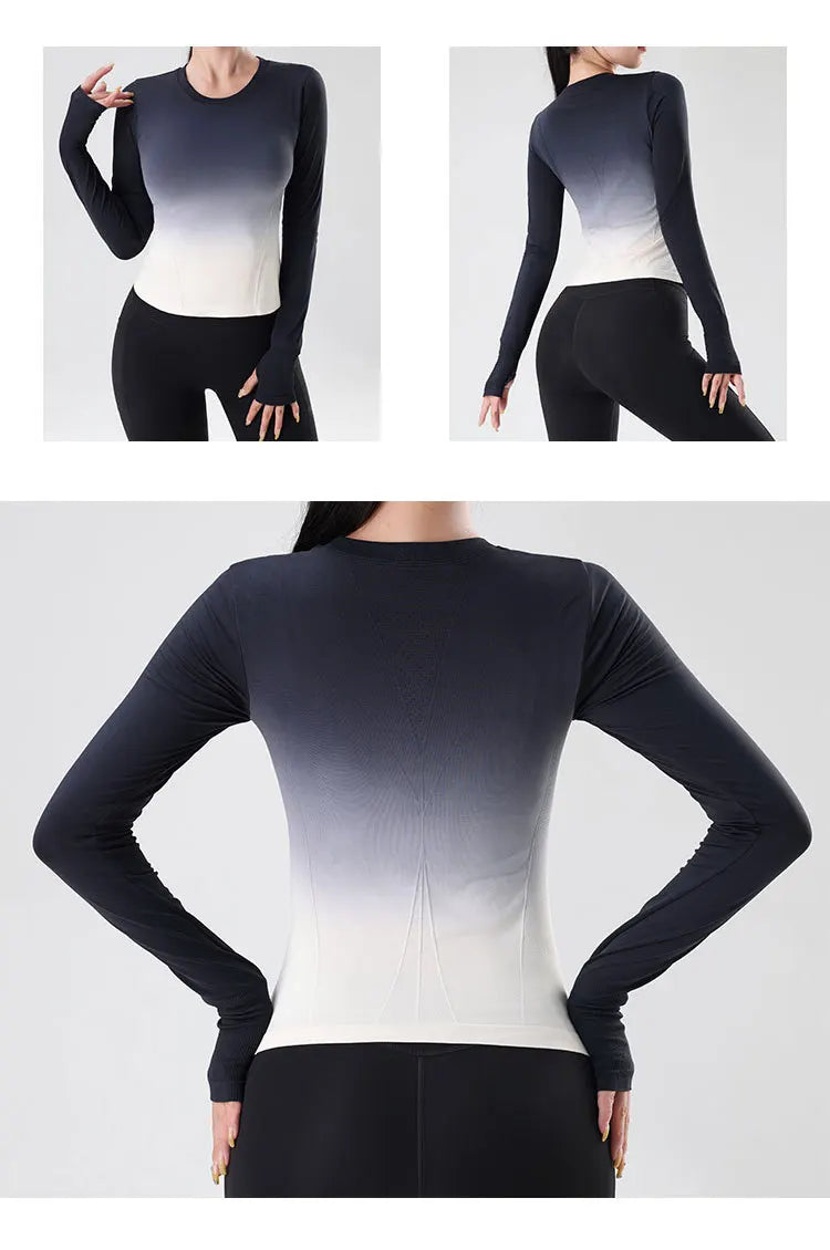 Women's tie-dye long-sleeve workout top for yoga, running, and gym.