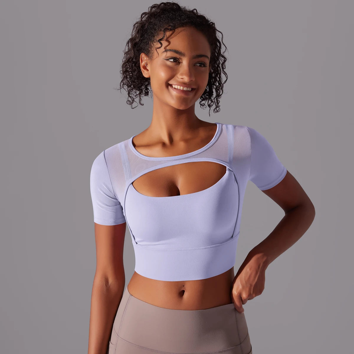 Women's Double Layer Yoga Tank Top - Spliced Mesh Short Sleeve Fitness Top
