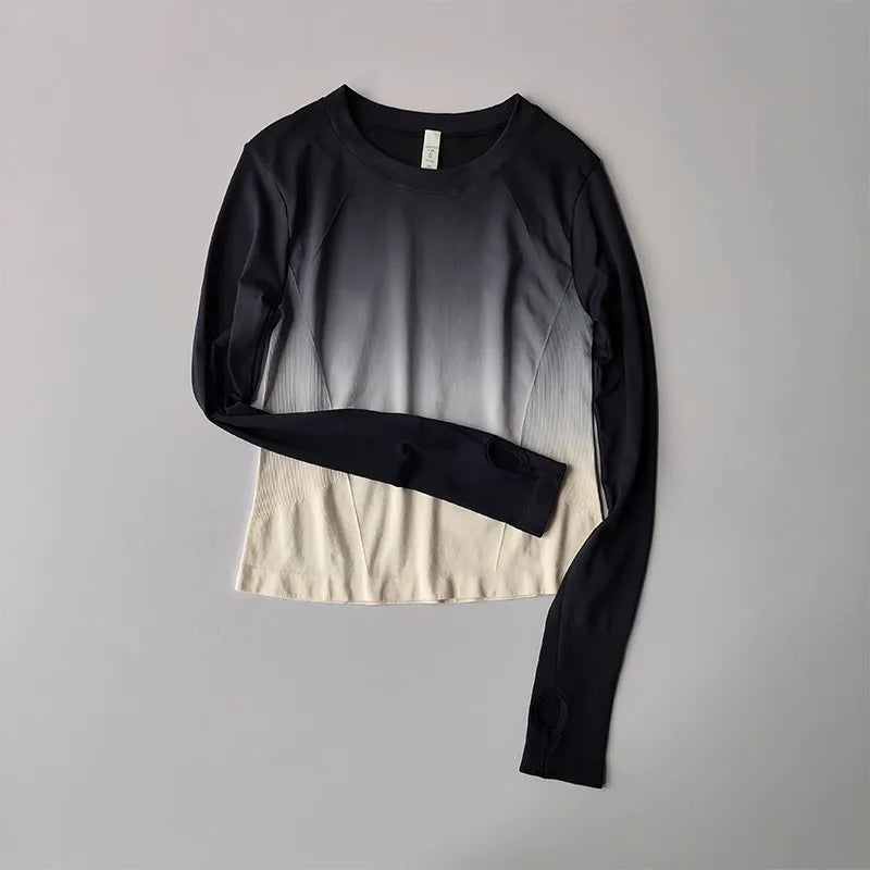 Women's tie-dye long-sleeve workout top for yoga, running, and gym.
