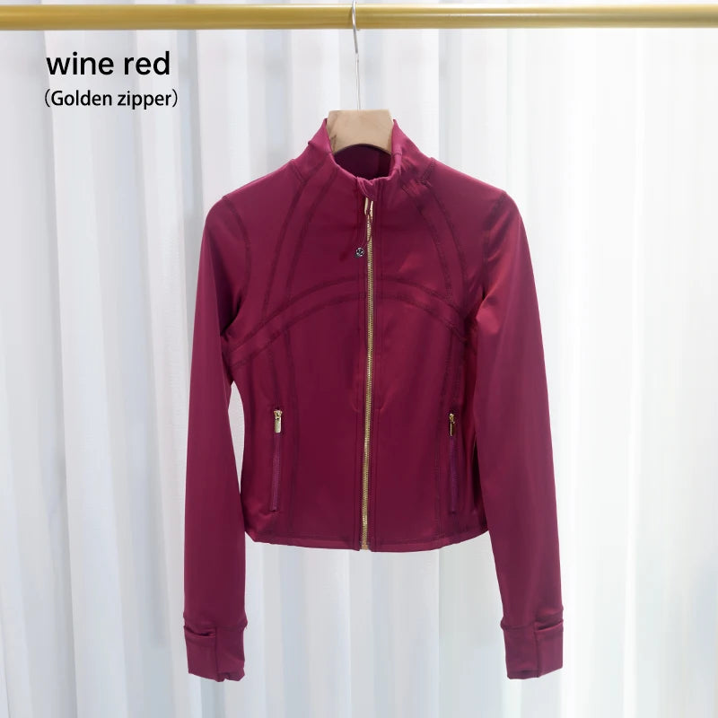Women's Yoga Short Sports Jacket with Gold Zipper - Slim Fit Gym Workout Jacket