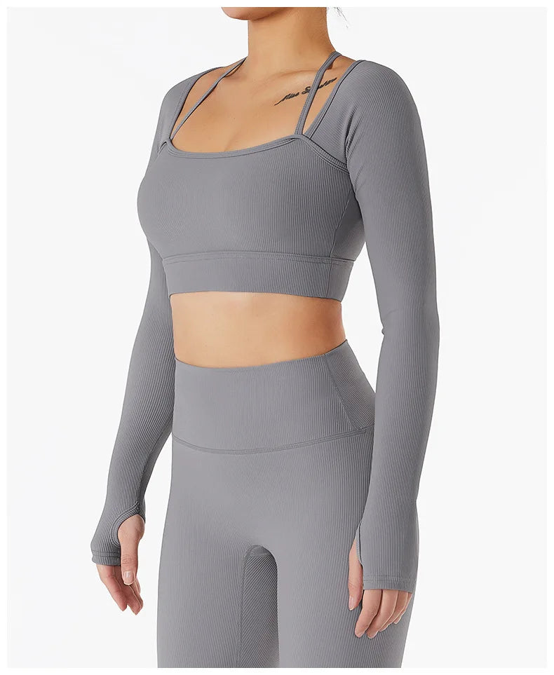 Ribbed halter long sleeve yoga top for women.