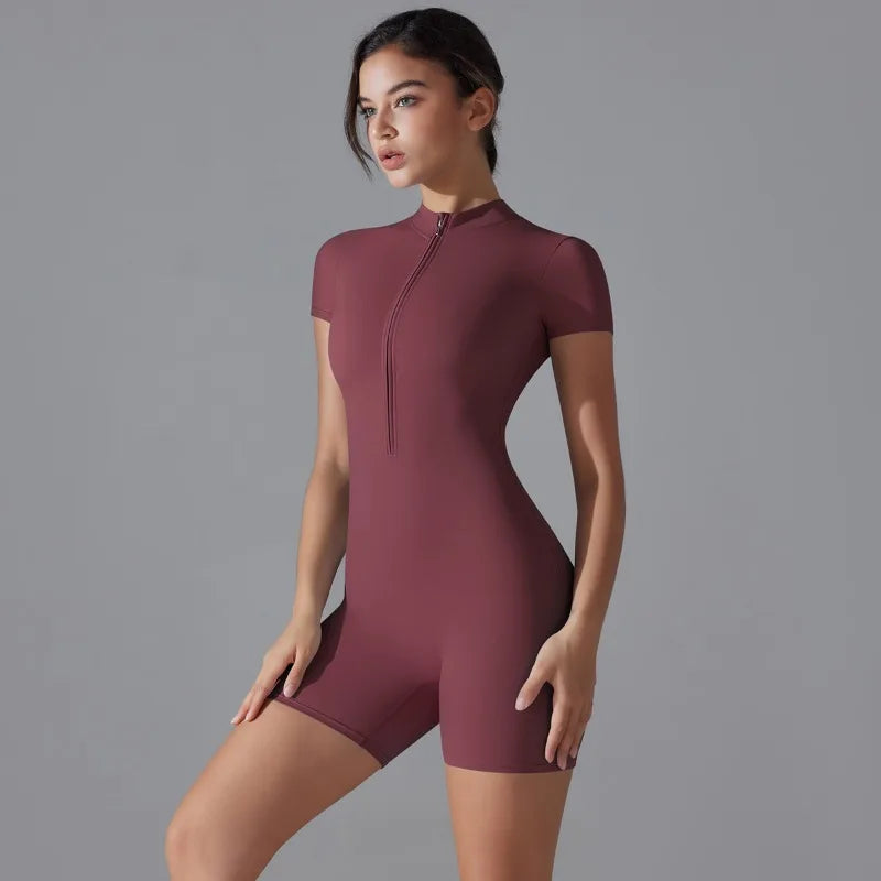 Summer Zipper Workout Jumpsuit Sports Overalls Women Gym Clothing Running Fitness Suits Gym Tracksuit Short Sportswear Yoga Set