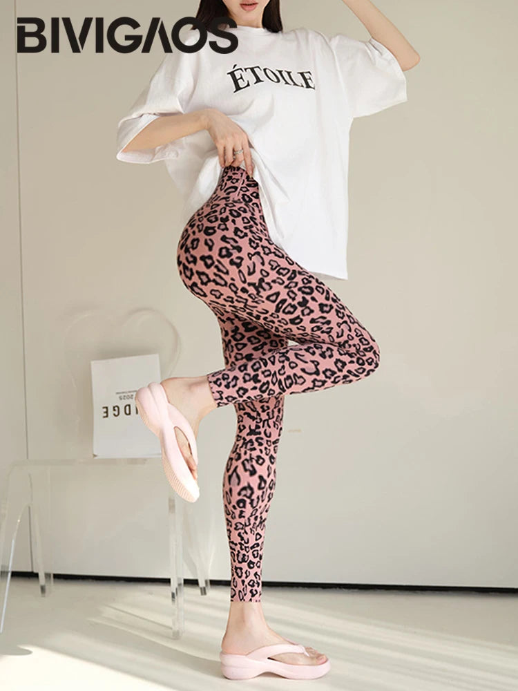 BIVIGAOS 2025 Spring Summer New Pink Leopard Print Sharkskin Leggings Women High Waist Seamless Tight Sexy Sport Fitness Legging