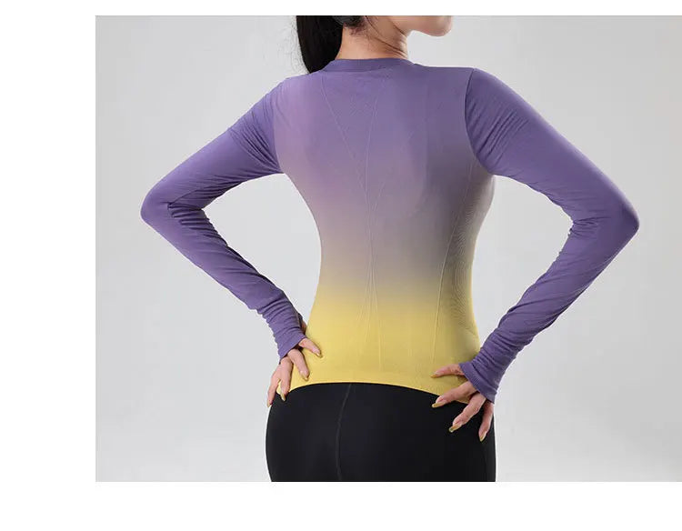 Women's tie-dye long-sleeve workout top for yoga, running, and gym.