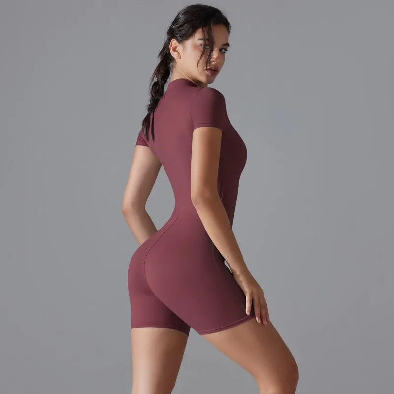 Summer Zipper Workout Jumpsuit Sports Overalls Women Gym Clothing Running Fitness Suits Gym Tracksuit Short Sportswear Yoga Set