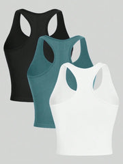 3-Piece Women's Racerback Yoga Vest - Seamless Rib Knit Crop Tops