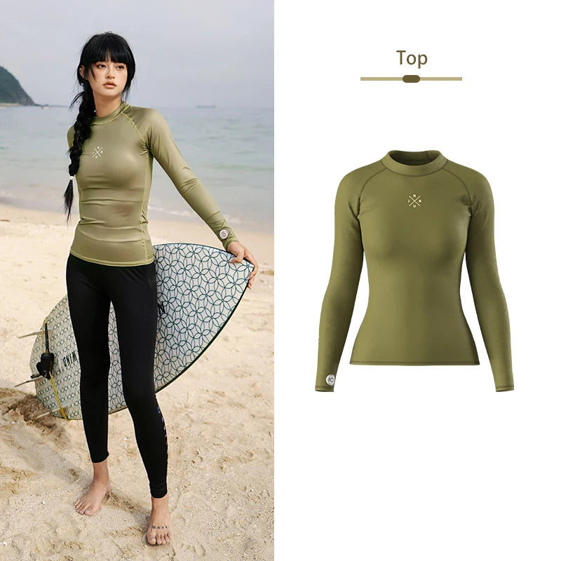 Woman on a beach holding a surfboard with a green long-sleeve top and black leggings, alongside a close-up of the green top.
