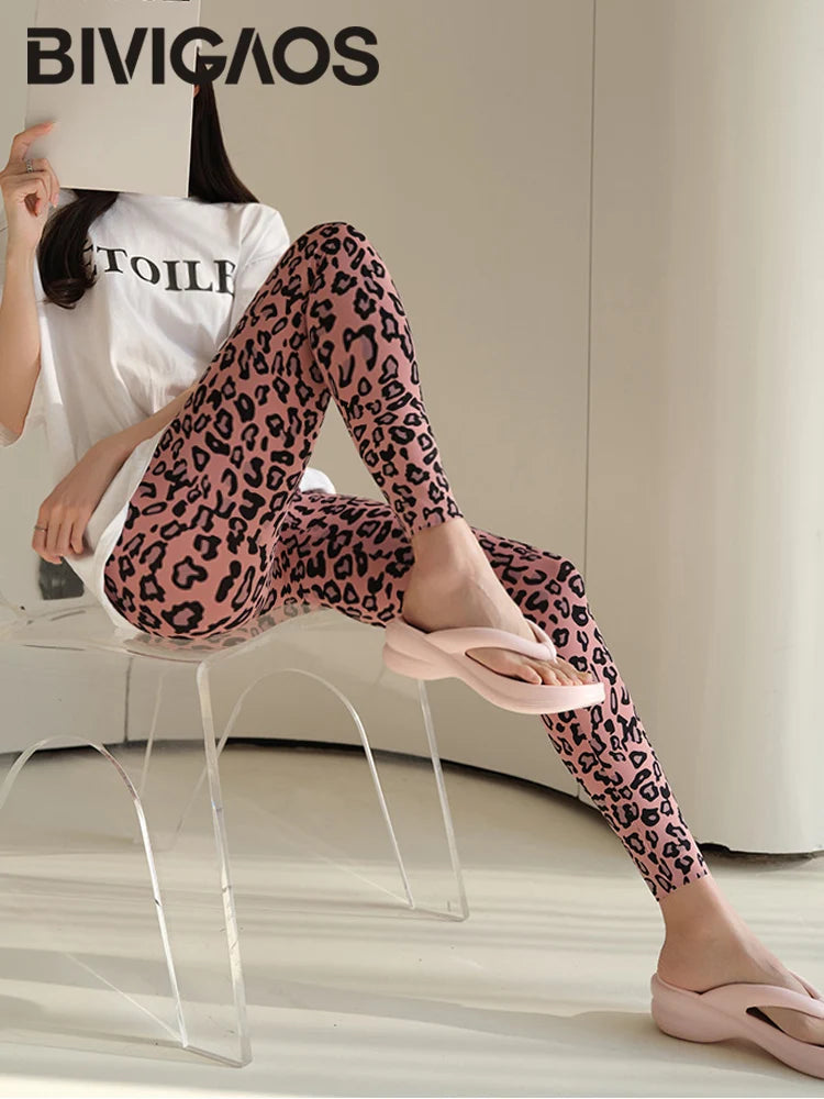 BIVIGAOS 2025 Spring Summer New Pink Leopard Print Sharkskin Leggings Women High Waist Seamless Tight Sexy Sport Fitness Legging