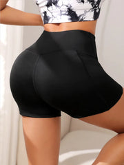 Women's Cross-Waist Yoga Biker Shorts - High-Waist Fitness Shorts with Pockets