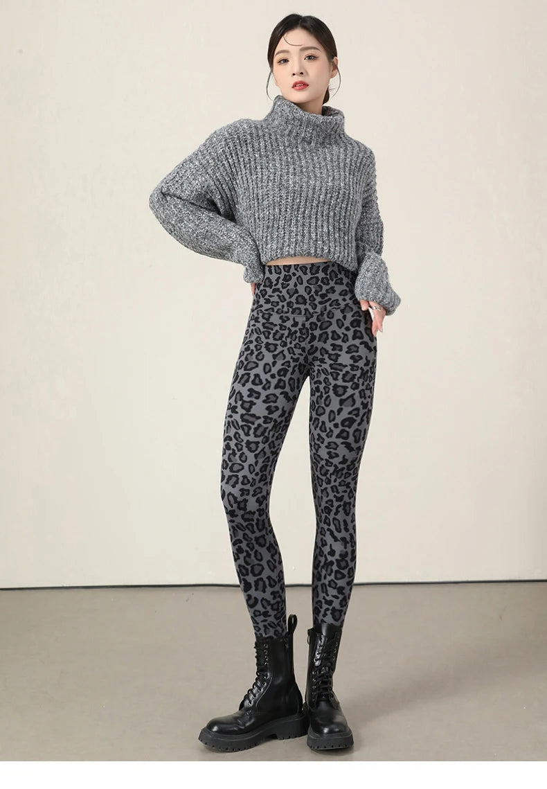 BIVIGAOS New Autumn Winter Thin Velvet Fashion Leopard Sharkskin Leggings Women High Waisted Sexy Slim Tight Warm Leggings