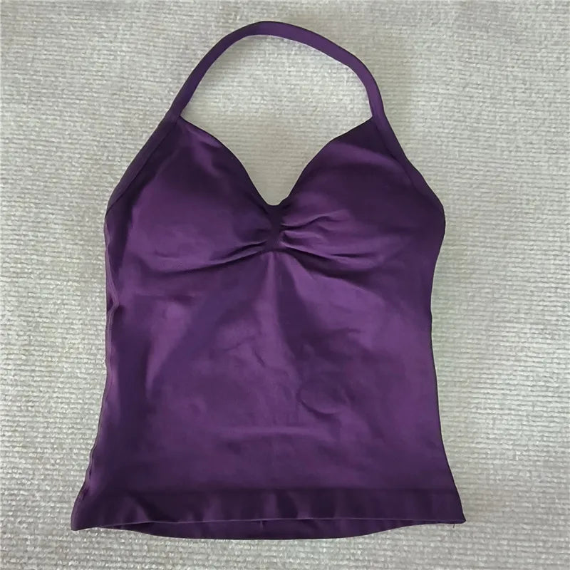 HBC women’s V-neck seamless padded gym tank top, strappy longline sports vest.