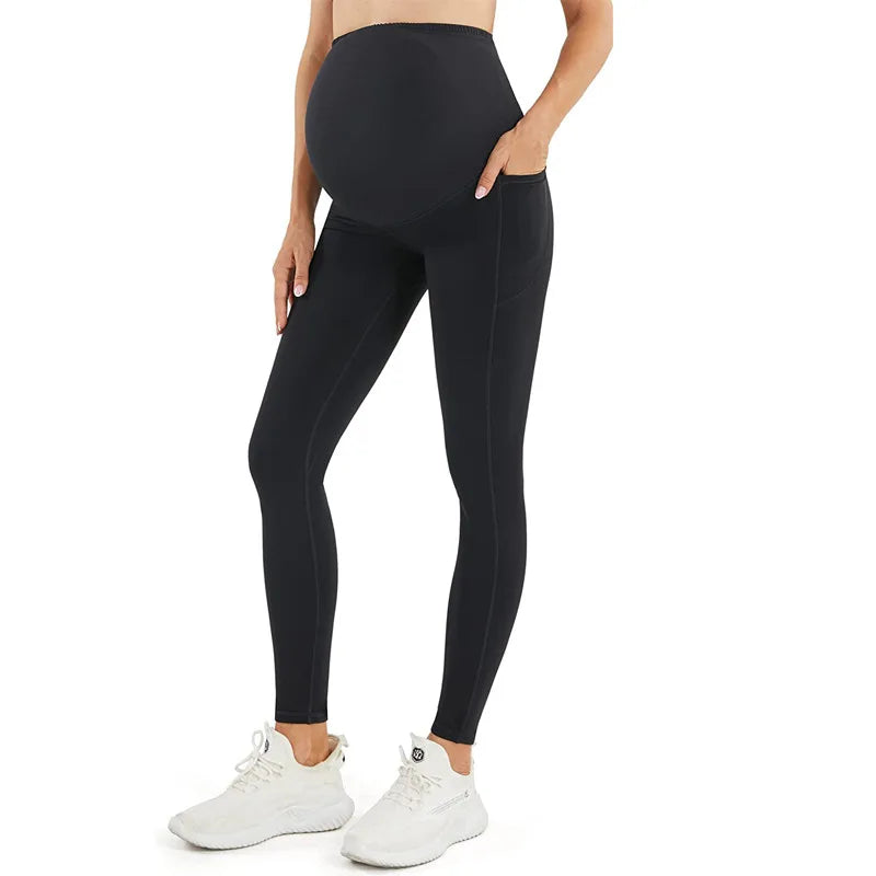 High-Waist Embroidery Knit Maternity Leggings - Cotton Pants with Belt