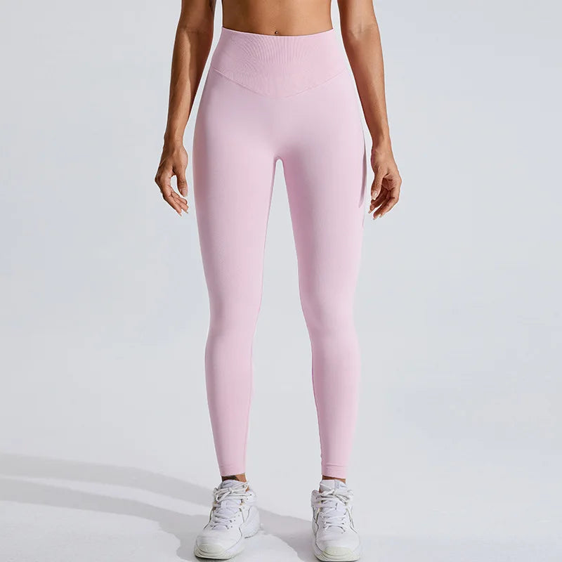 NCLAGEN Women's Seamless Yoga Leggings High V-Waist Tummy Control Scrunch Butt Lifting GYM Workout Pants Outdoor Sports Fitness