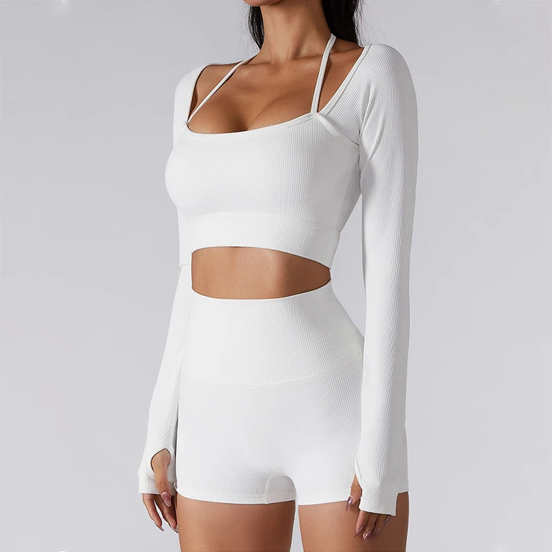 Ribbed halter long sleeve yoga top for women.