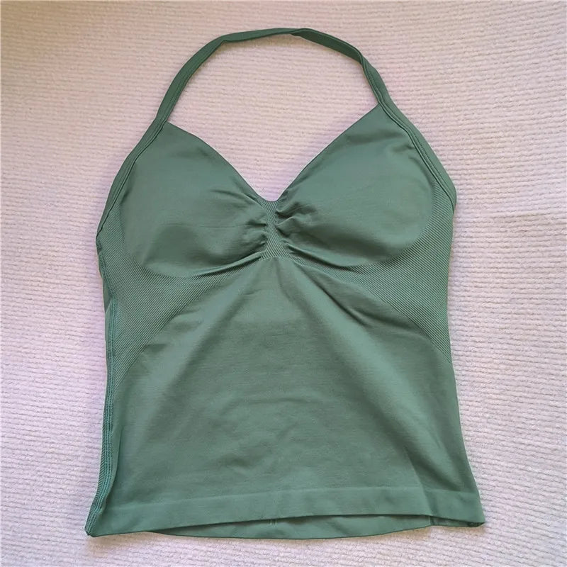 HBC women’s V-neck seamless padded gym tank top, strappy longline sports vest.