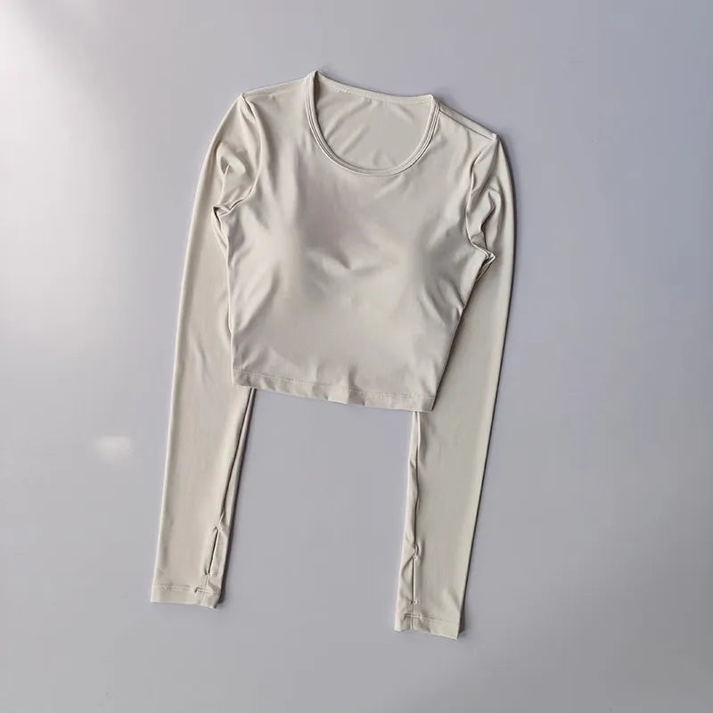 High-End Befit backless long-sleeve yoga top, quick-dry padded gym shirt for women.