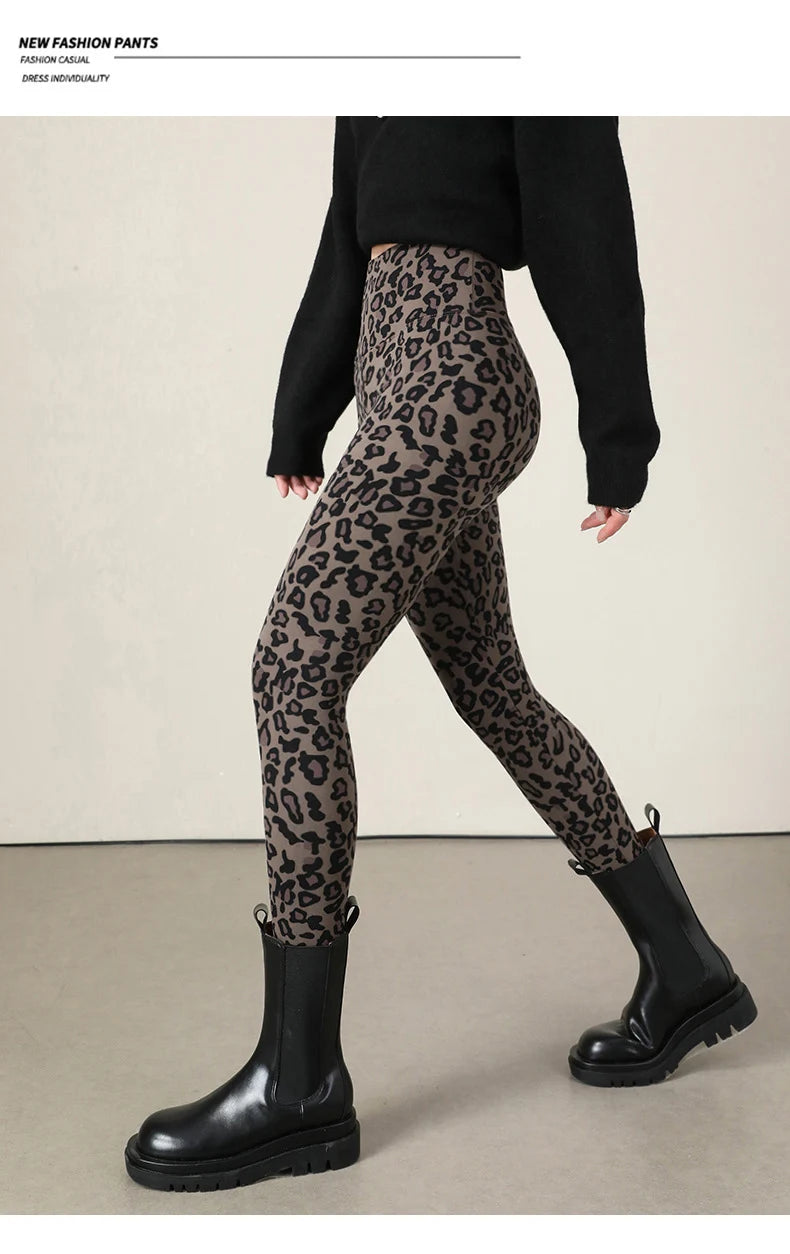 BIVIGAOS New Autumn Winter Thin Velvet Fashion Leopard Sharkskin Leggings Women High Waisted Sexy Slim Tight Warm Leggings