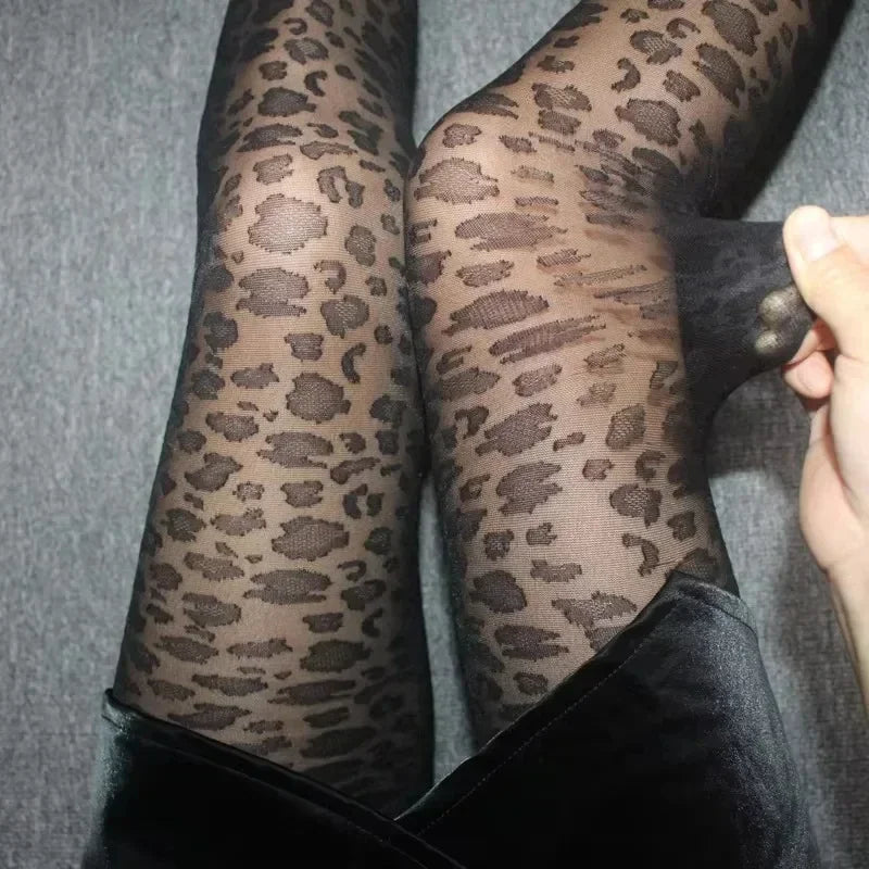 Women’s Sheer Leopard Pattern Tights – Black Vintage Pantyhose