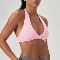Women's Strappy Open Back Halter Sports Bra - Seamless Yoga Crop Top